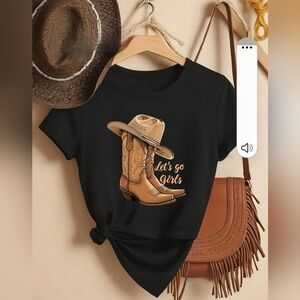 NEW Cowboy Boots Hat Let's Go Girls Women's Black and Brown T-shirt